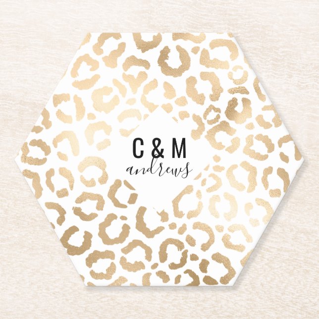 Elegant Gold White Leopard Cheetah Animal Print Paper Coaster (Front)