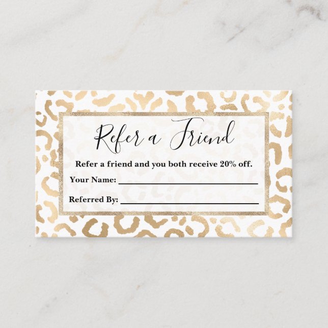 Elegant Gold White Leopard Cheetah Animal Print Referral Card (Front)