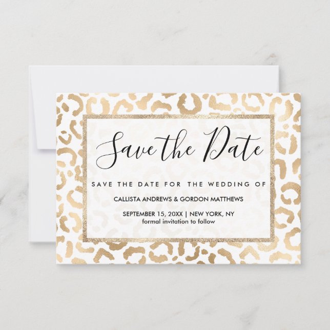 Elegant Gold White Leopard Cheetah Animal Print Save The Date (Front)