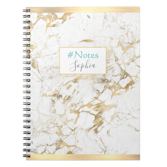Elegant Gold/White Marble, Gold Bars, Name & Title Notebook (Front)
