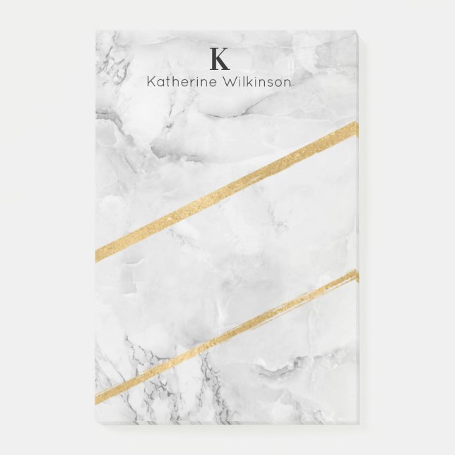 Elegant Gold White Marble Monogram Post-it Notes (Front)