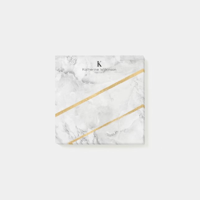 Elegant Gold White Marble Monogram Post-it Notes (Front)