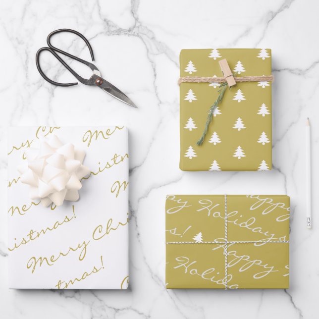 Elegant Gold White Merry Christmas Holiday Trees Wrapping Paper Sheet (Front)