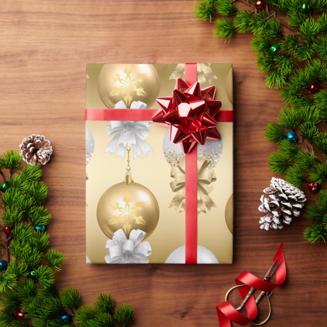 Elegant Gold White Metallic Christmas Ornaments Wrapping Paper (Holiday Gift)