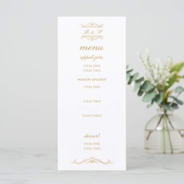 Elegant Gold & White Monogram Wedding Menu Card (Standing Front)