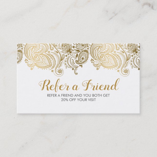 Elégant Gold & White Paisley Lace Carte de référen (Devant)
