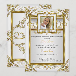 Elegant Gold White Pearl Damask Photo Birthday 4a Invitation