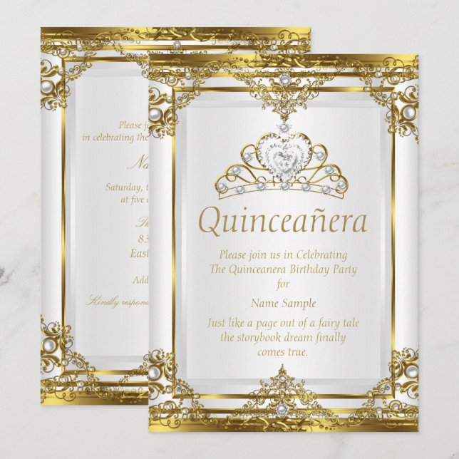 Elegant Gold White Pearl Princess Quinceanera Invitation (Front/Back)