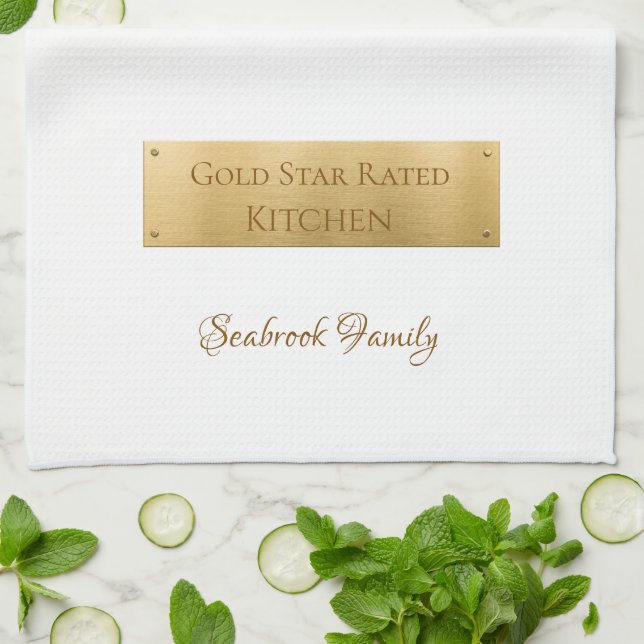 Elegant Gold White Personalized Family Name Logo Kitchen Towel (Folded)
