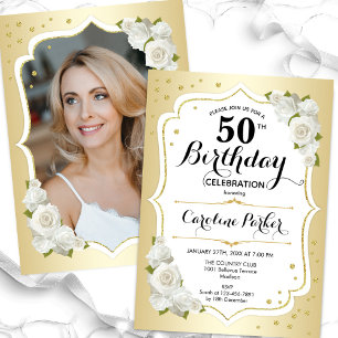 Elegant Gold White Photo 50th Birthday Invitation