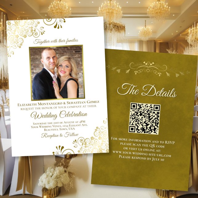 Elegant Gold & White Photo & QR Code Wedding Invitation (Front/Back)