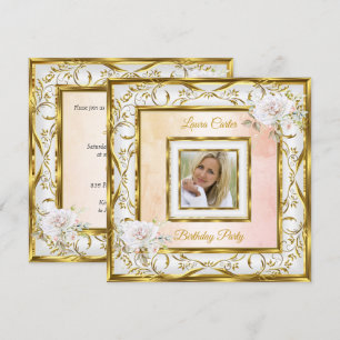Elegant Gold White Pink Rose Photo Birthday Party Invitation