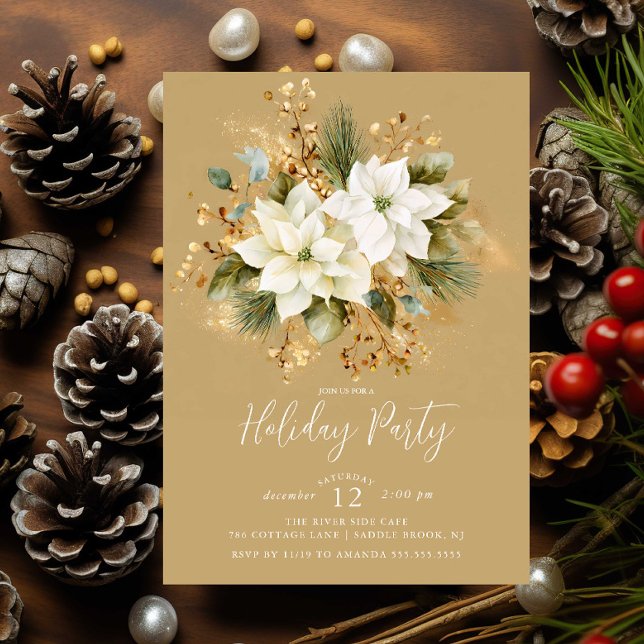 Elegant Gold White Poinsettia Holiday Party Invite (Creator Uploaded)
