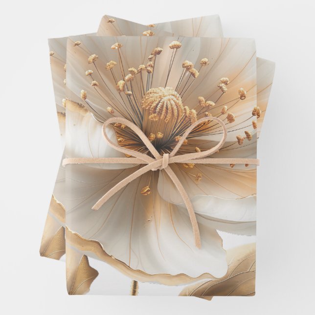 Elegant Gold & White Poppy Wedding Wrapping Paper (In situ)