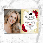 Elegant Gold White Red Roses Photo 50th Birthday Invitation<br><div class="desc">Elegant floral feminine 50th birthday invitation with your photo. Glam design with faux gold. Features red roses,  script font and confetti. Perfect for a stylish adult bday celebration party. Personalise with your own details. Can be customised for any age! Printed Zazzle invitations or instant download digital printable template.</div>