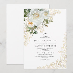 Elegant Gold White Rose Wedding  Invitation