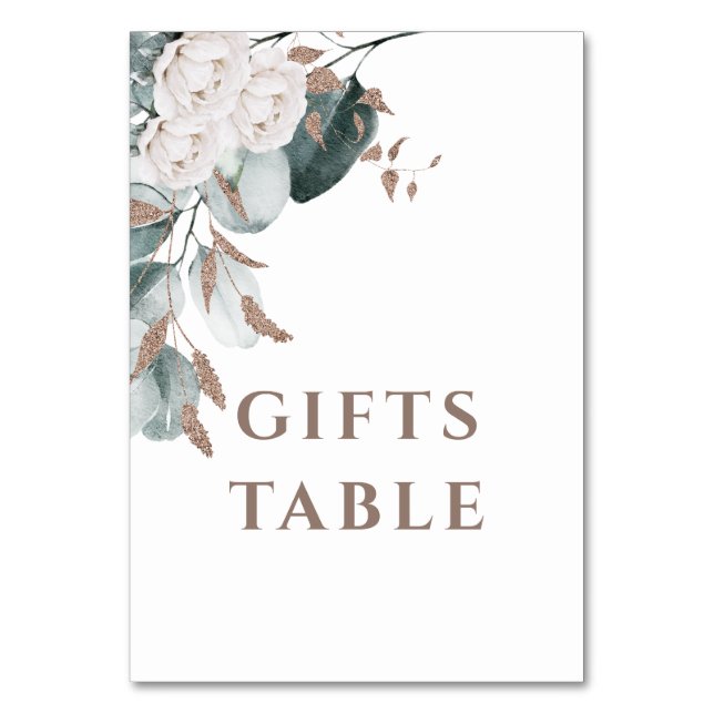 Elegant Gold White Roses Watercolor Greenery Gifts Table Number (Front)