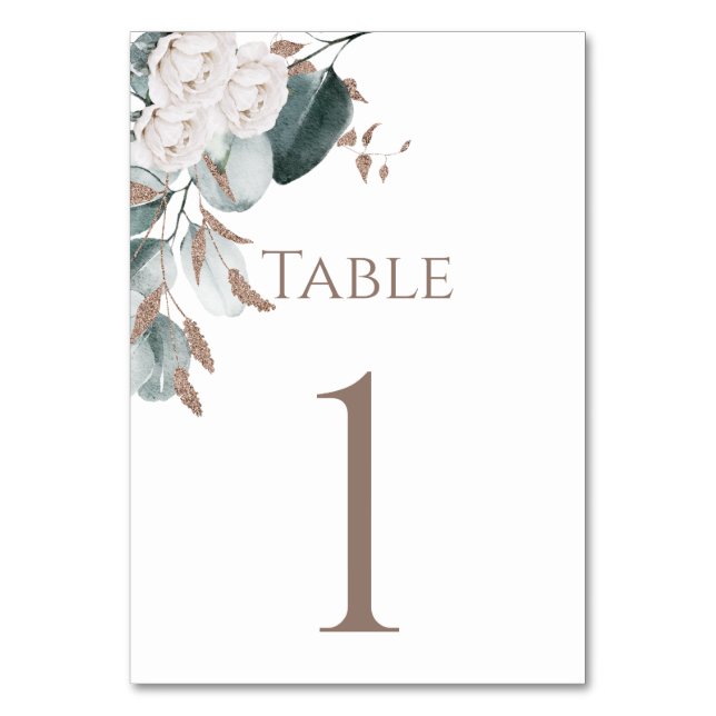 Elegant Gold White Roses Watercolor Greenery Table Number (Front)