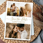 Elegant Gold White Script Photo Collage Wedding Save The Date<br><div class="desc">Elegant modern minimal gold and white calligrapgy script 3 photo collage wedding save the date announcement card. Chic minimalist design template feature three (3) couple photo collage and elegant cursive hand lettering typography (or calligraphy) script „Save the Date” text in gold on white background colour. If you need help or...</div>