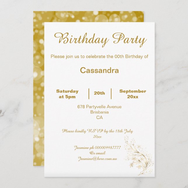 ELEGANT GOLD WHITE SPARKLES CUSTOM BIRTHDAY INVITATION (Front/Back)