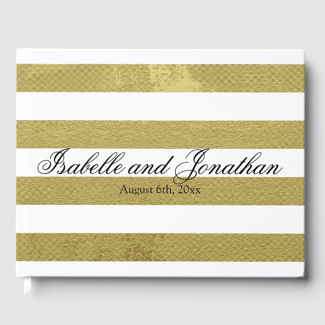 Elegant Gold & White Stripes Personalized Wedding Guest Book (Front)
