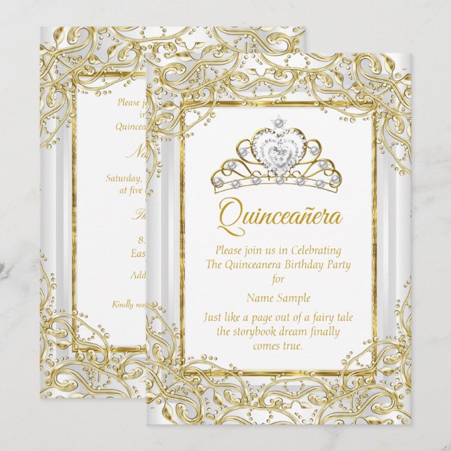 Elegant Gold White Tiara Princess Quinceanera Invitation (Front/Back)