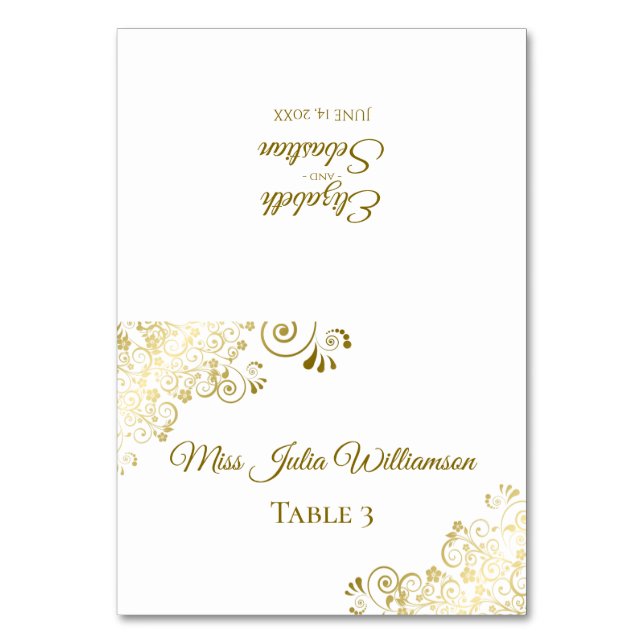 Elegant Gold & White Wedding DIY Fold Place Card (Front)