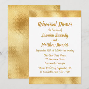 Elegant Gold & White Wedding Rehearsal Dinner Glam Invitation