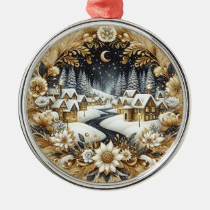 Elegant Gold & White Winter Village Christmas Metal Ornament