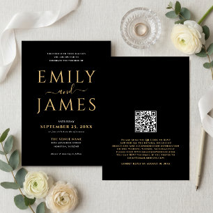 Elegant Gold White Writing QR Code Wedding Black Invitation