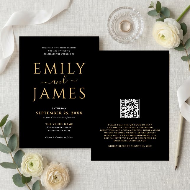 Elegant Gold White Writing QR Code Wedding Black Invitation (Creator Uploaded)