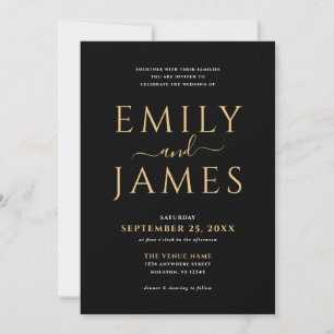 Elegant Gold White Writing QR Code Wedding Black Invitation