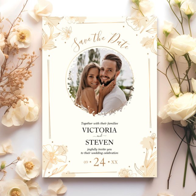Elegant Gold Wildflowers Photo Boho Wedding Invitation (Creator Uploaded)