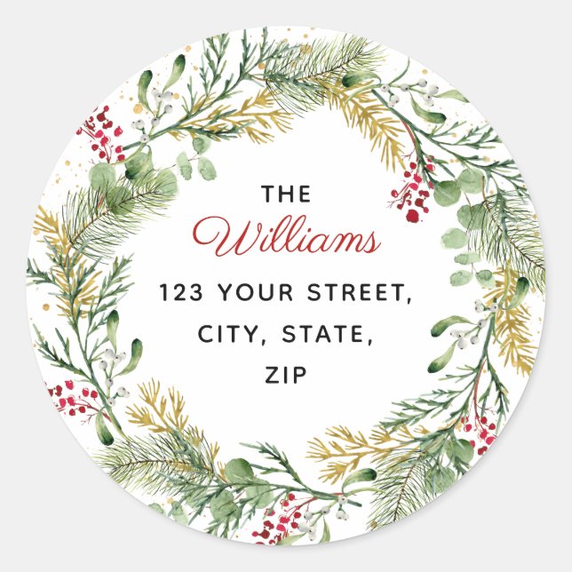 Elegant Gold Winter Greenery Wreath Address Classic Round Sticker (Front)