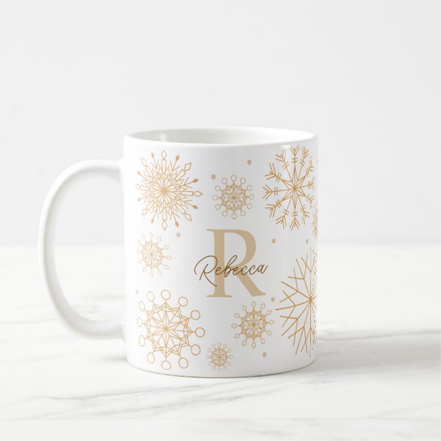 Elegant Gold Winter Themed Snowflake Monogram Coffee Mug (Left)