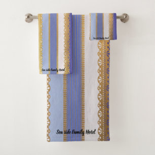 Elegant Gold with blue and white Stripe Bath Towel Set