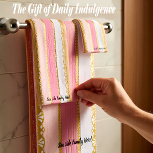 Elegant Gold with pink and white Stripe Bath Towel Set