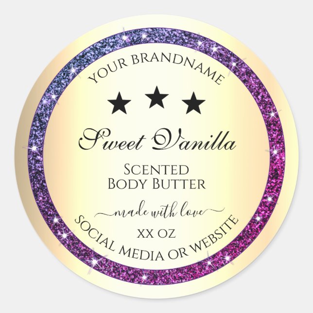Elegant Gold with Purple Glitter Product Labels (Front)