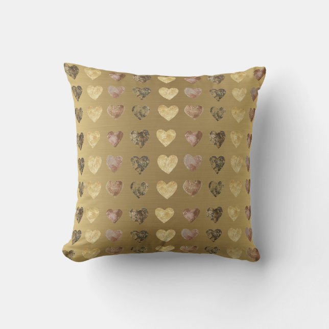 Elegant Gold with Watercolor Hearts Pattern Throw Pillow (Front)