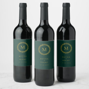 Elegant Gold Wreath Emerald Green Monogram Wine Label