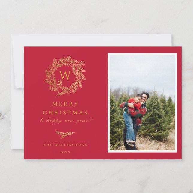 Elegant Gold Wreath Monogram Holiday Photo Card (Front)