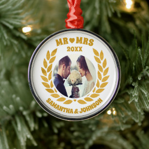 Elegant Gold Wreath Mr. and Mrs. Wedding Photo Metal Ornament
