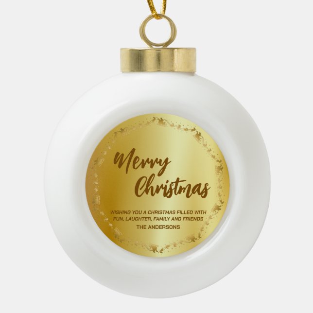 Elegant Gold Wreath Santa Sled Deer merry Xmas Ceramic Ball Christmas Ornament (Front)