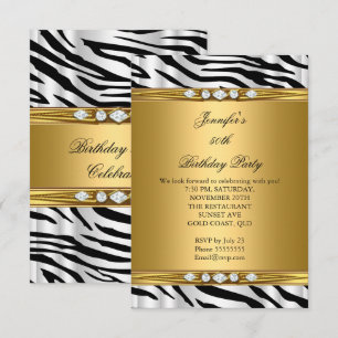 Elegant Gold Zebra Black Silver Diamond Birthday 2 Invitation