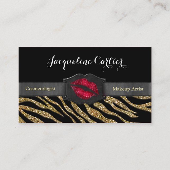 Elegant Gold Zebra Glitter Kiss Cosmetologist Business Card (Front)