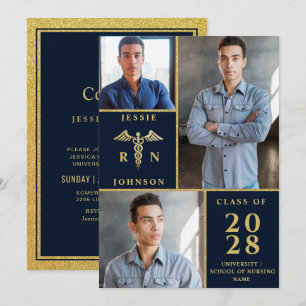 Elegant Golden 3 PHOTO Nursing Graduation Party Invitation