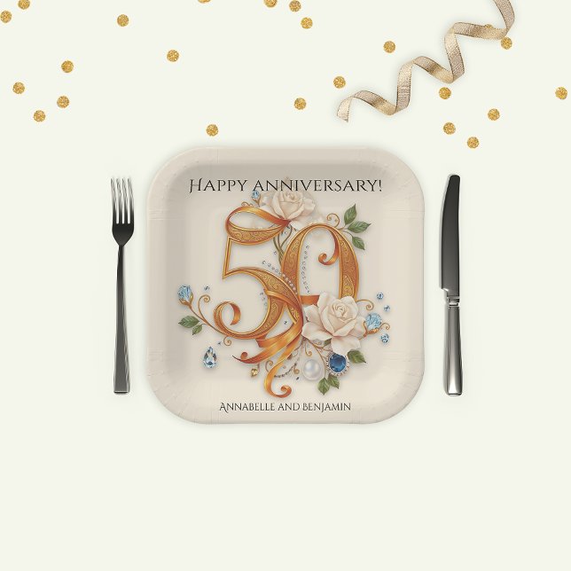 Elegant Golden 50th Anniversary Celebration Paper Plate (Creator Uploaded)