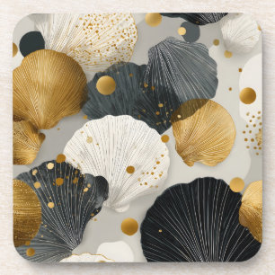 Elegant Golden and Charcoal Scallop Shell Pattern  Coaster