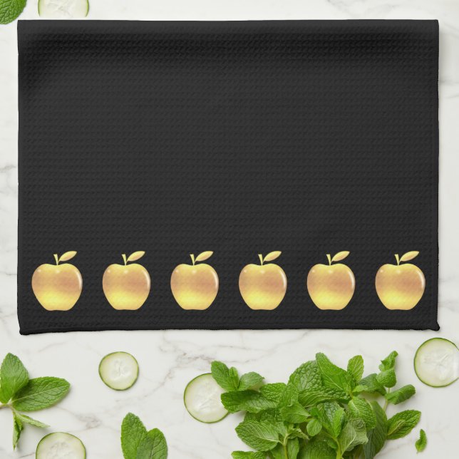 Elegant Golden Apples on Black Kitchen Towel (Folded)