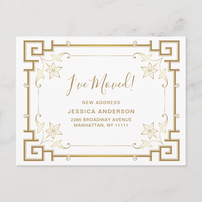 Elegant Golden Art Deco Moving Announcement Postcard (Front)